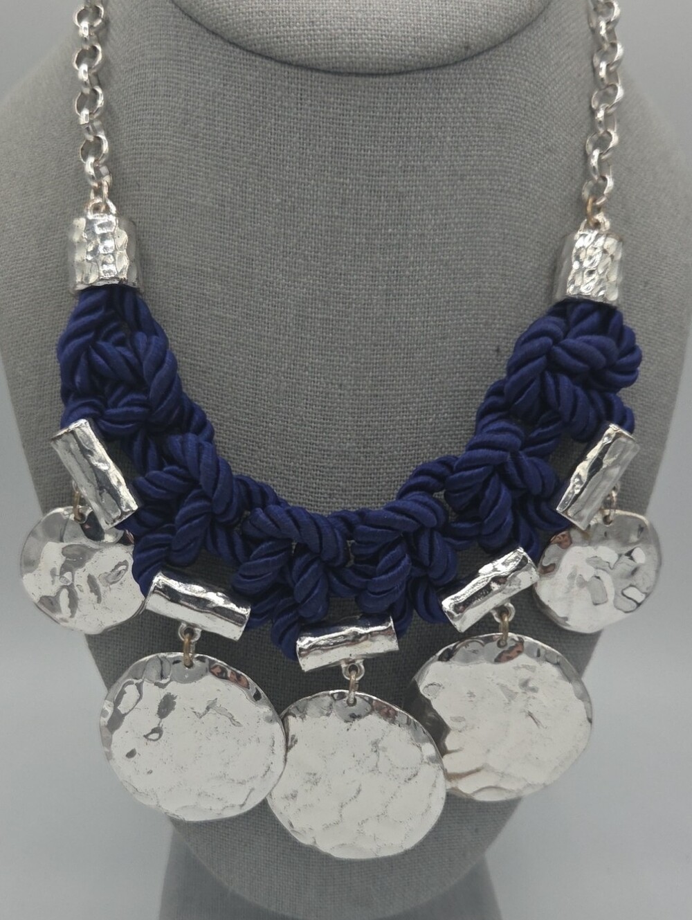 5 for $25! Chico's Navy Knotted Statement Necklace with Silver Tone Discs